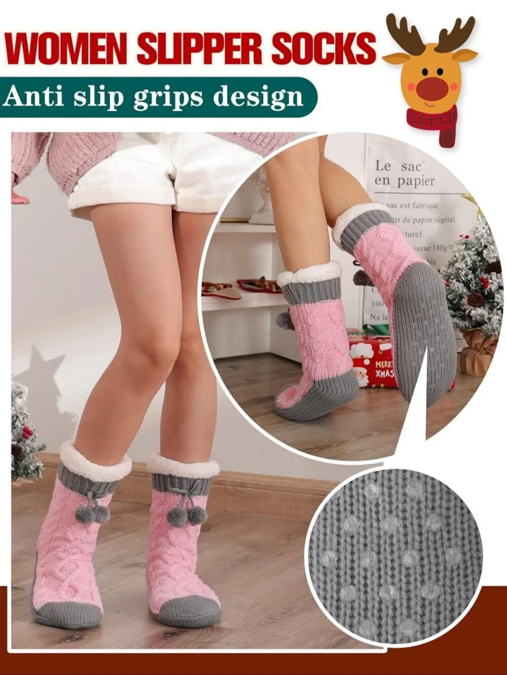 Cozy Cable Knit Fleece-Lined Women’s Slipper Socks - Pink & Gray